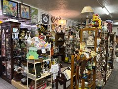 Glass curio cabinets and shelves packed with figurines, dolls and collectibles