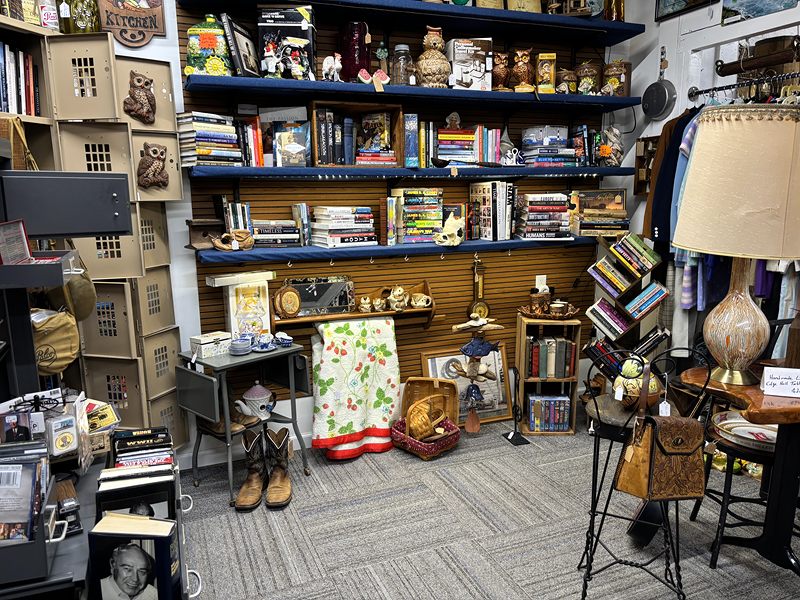 Blue shelves stacked with books and collectibles, with a lamp, a quilt and cowboy boots